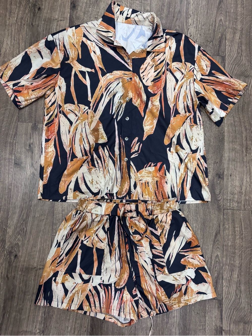 Two-Piece Tropical Print Lounge Set - Navy & Rust